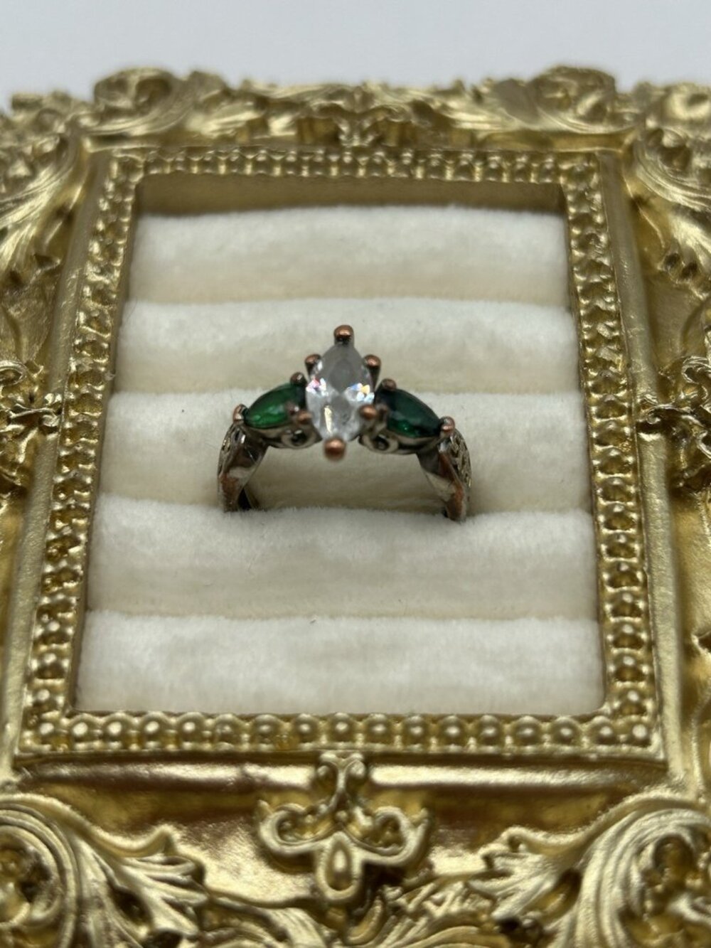 Vintage Marquise Clear & Green Stone Costume Ring Size 7 Mixed Metal As Is Craft - Picture 3 of 12